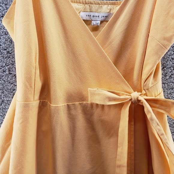 The Good Jane Yellow Linen Blend Summer Adj. Spagetti Strap Wrap Dress Sz L - Picture 4 of 14